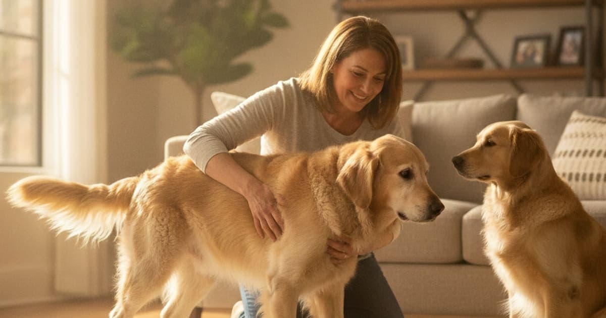 A dog being cared for at home, illustrating when to take a dog to the vet for back legs giving out