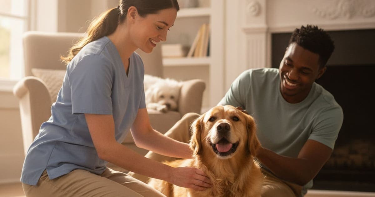 A dog being cared for at home, illustrating when should i take a dog to the vet for a clicking joint