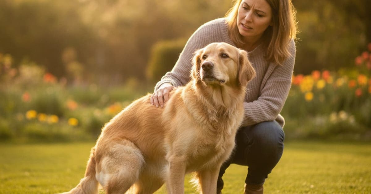 A dog being cared for at home, illustrating when to see a vet for difficulty posturing to poop