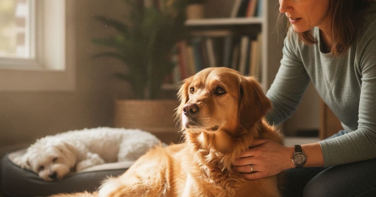 A dog being cared for at home, illustrating when should i take a dog to the vet for irritability