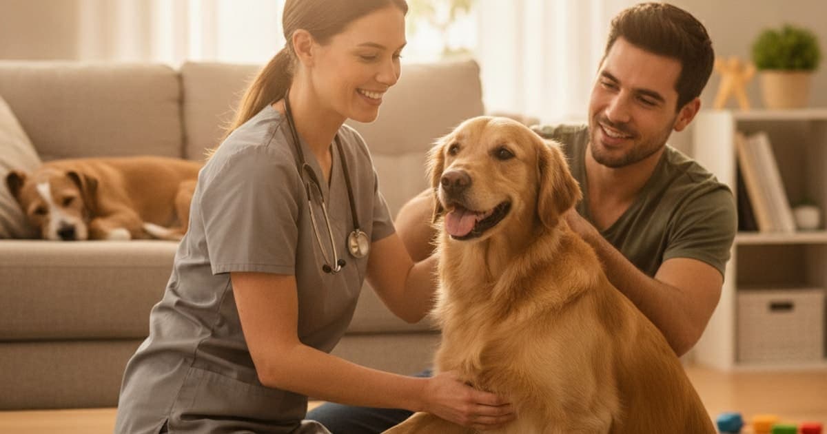 A dog being cared for at home, illustrating when to take a dog to the vet for front leg limping