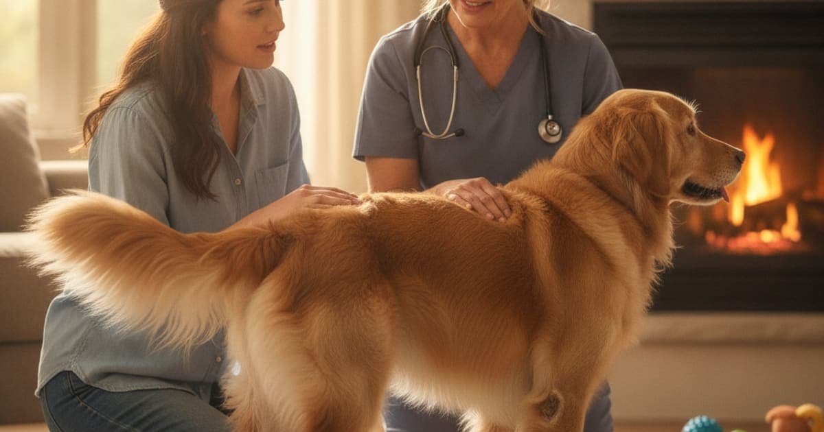 A dog being cared for at home, illustrating when to take a dog to the vet for back leg muscle loss