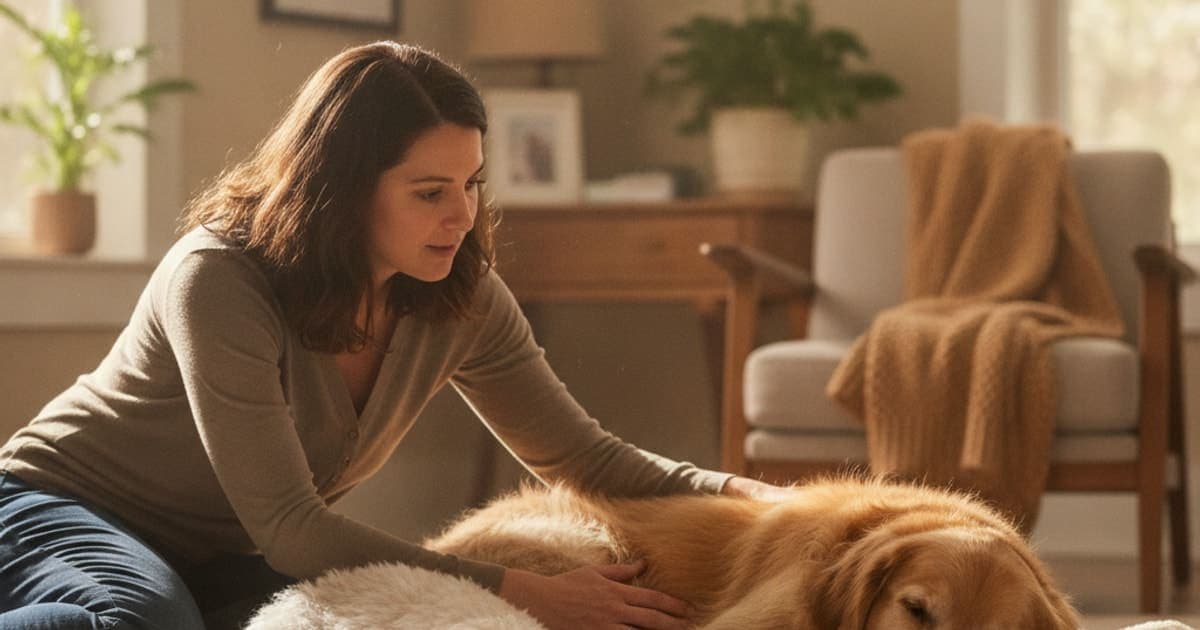 A dog being cared for at home, illustrating when to take a dog to the vet on pain meds? (red flags)