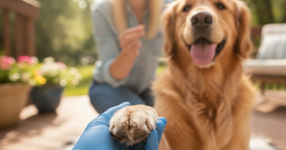 A dog being cared for at home, illustrating when should a dog see a vet for scuffing back nails