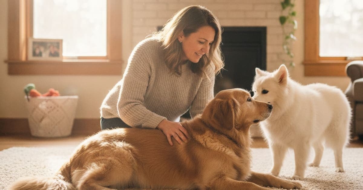 A dog being cared for at home, illustrating when to take a dog to the vet for sensitive lower back