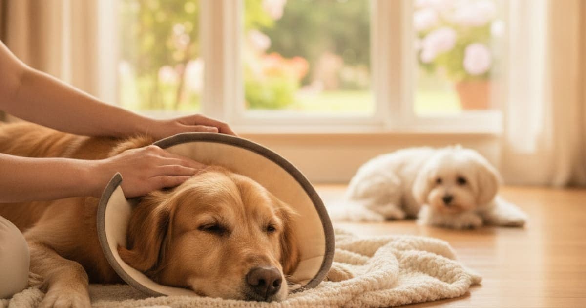 A dog being cared for at home, illustrating when to take a dog to the vet for slow recovery (post-op)