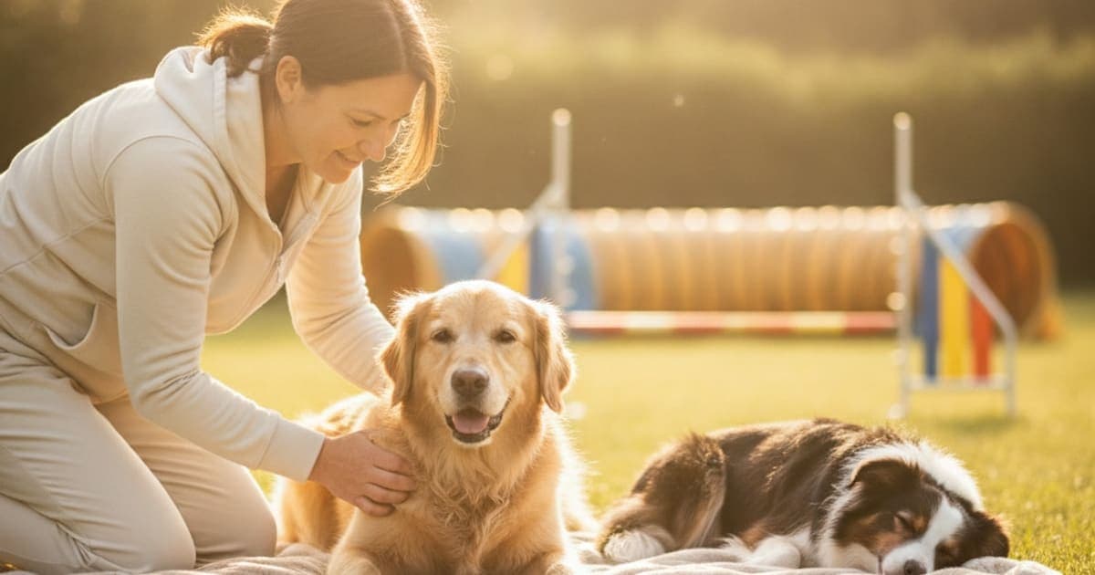 A dog being cared for at home, illustrating when should i take a dog to the vet for sore after agility