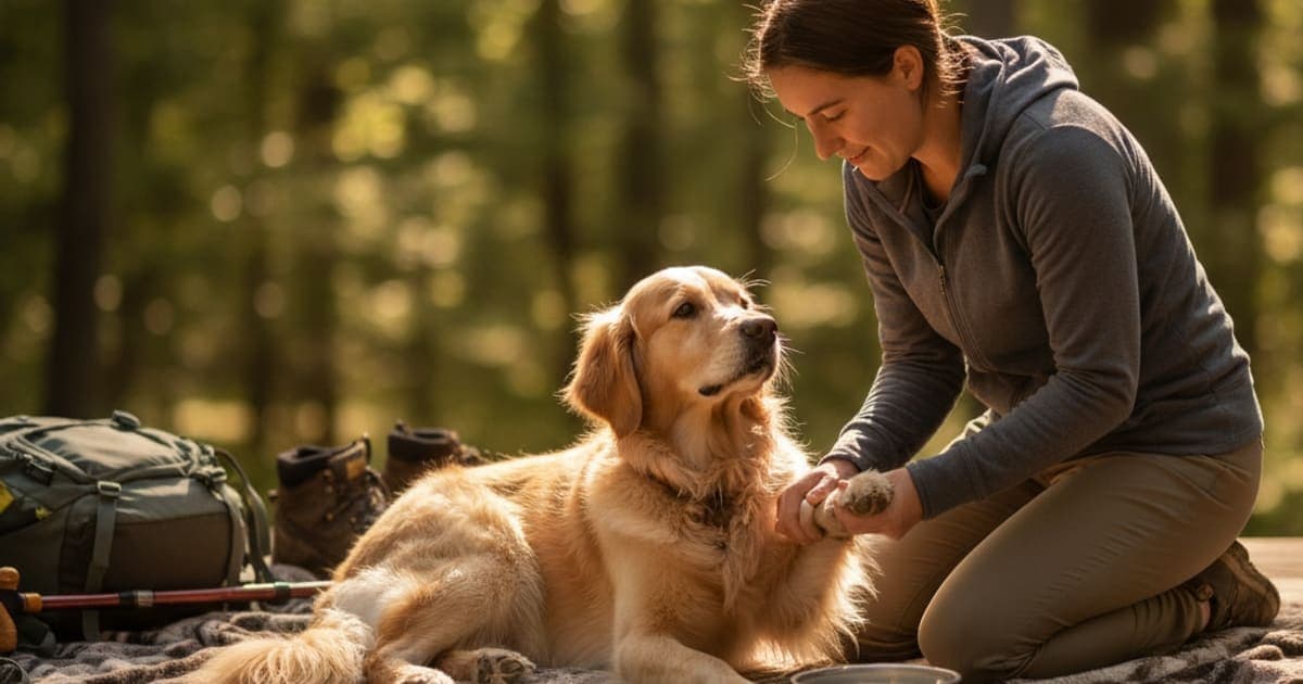A dog being cared for at home, illustrating when should i take a dog to the vet for sore after hiking