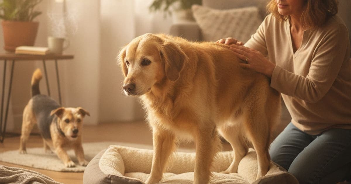 A dog being cared for at home, illustrating when should i take a dog to the vet for stiff after resting