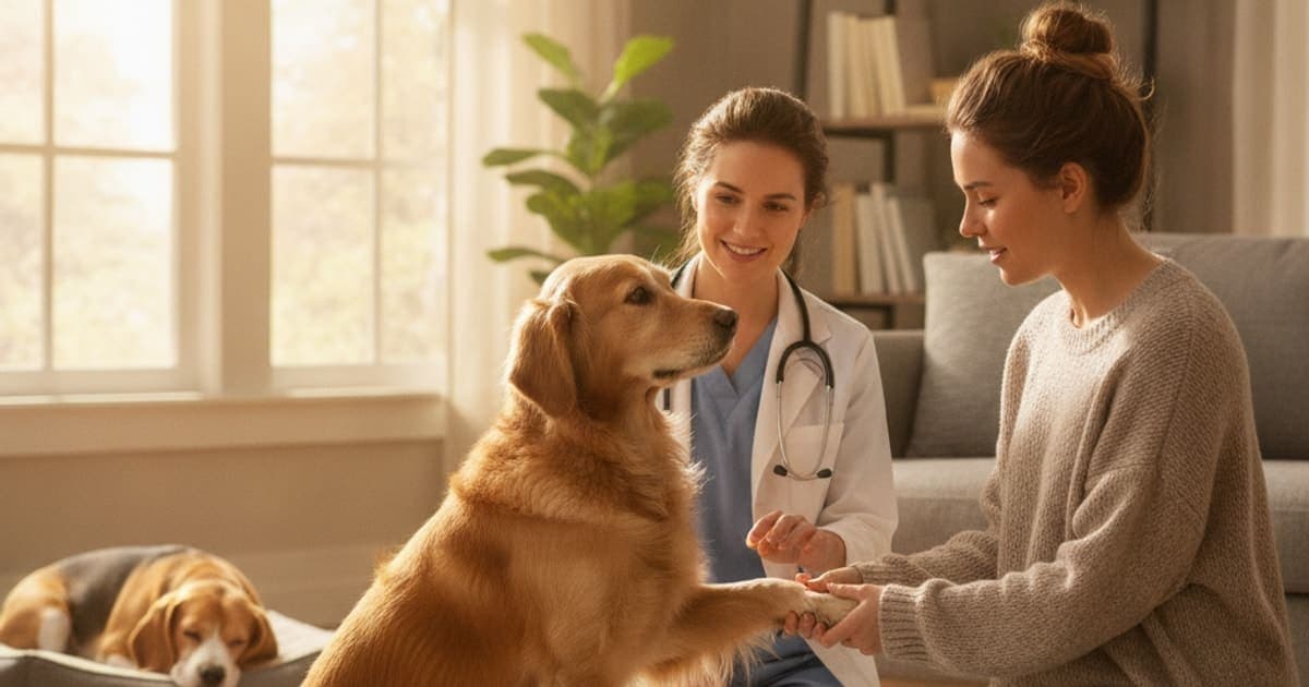 A dog being cared for at home, illustrating when should i take a dog to the vet for a swollen joint