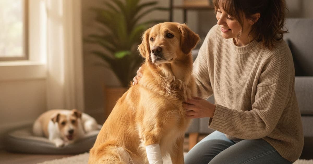 A dog being cared for at home, illustrating when should a limping dog see the vet after surgery