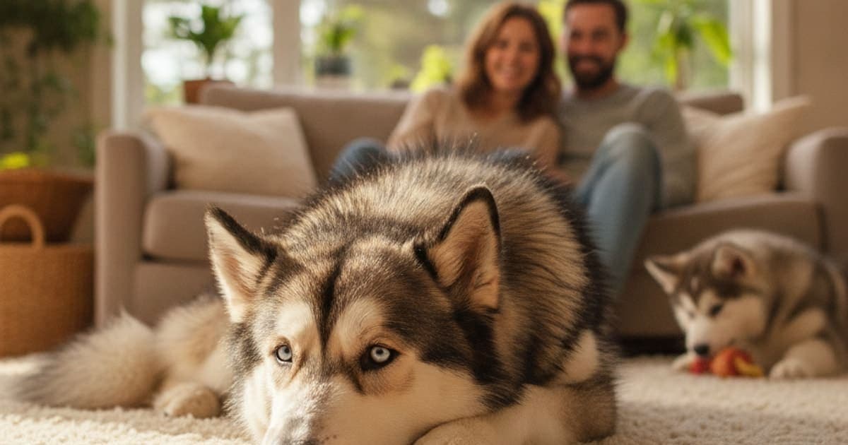 A dog being cared for at home, illustrating why alaskan malamutes are prone to joint problems