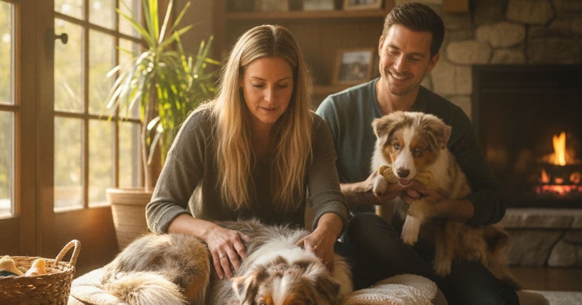 A dog being cared for at home, illustrating why australian shepherds are prone to joint problems
