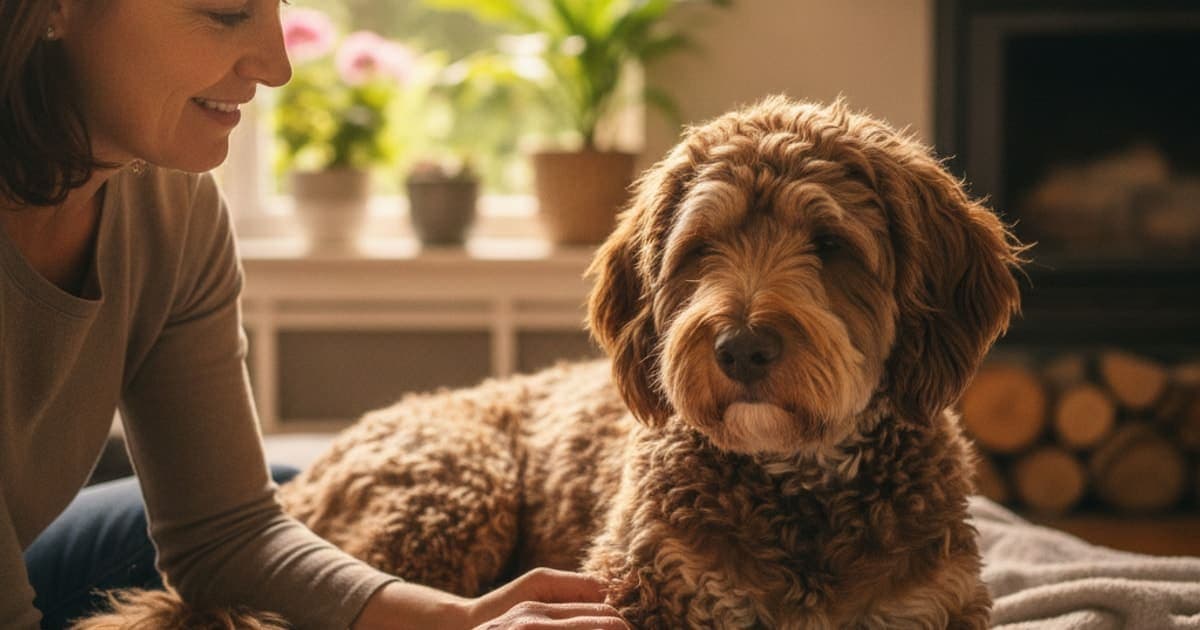 A dog being cared for at home, illustrating why barbets are prone to joint problems