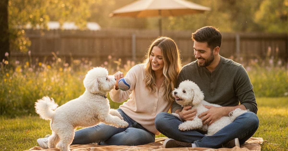 A dog being cared for at home, illustrating why bichon frises are prone to joint problems