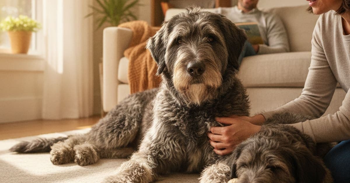 A dog being cared for at home, illustrating why bouvier des flandres are prone to joint problems
