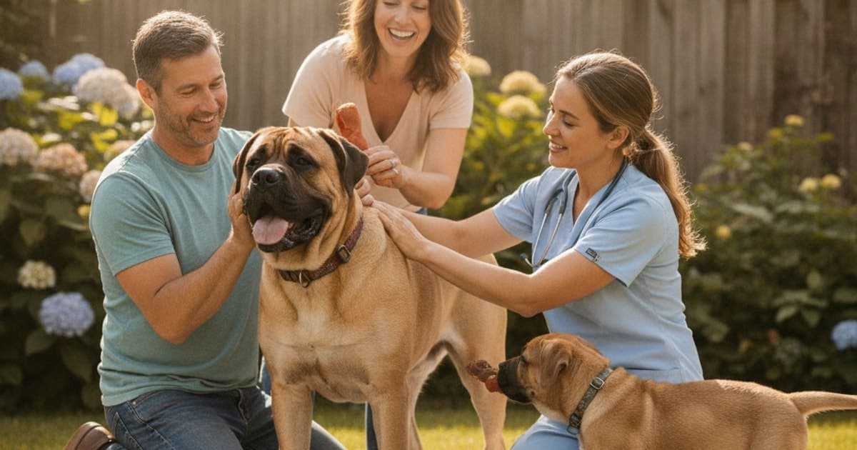 A dog being cared for at home, illustrating why are bullmastiffs prone to joint problems? (breed risks)