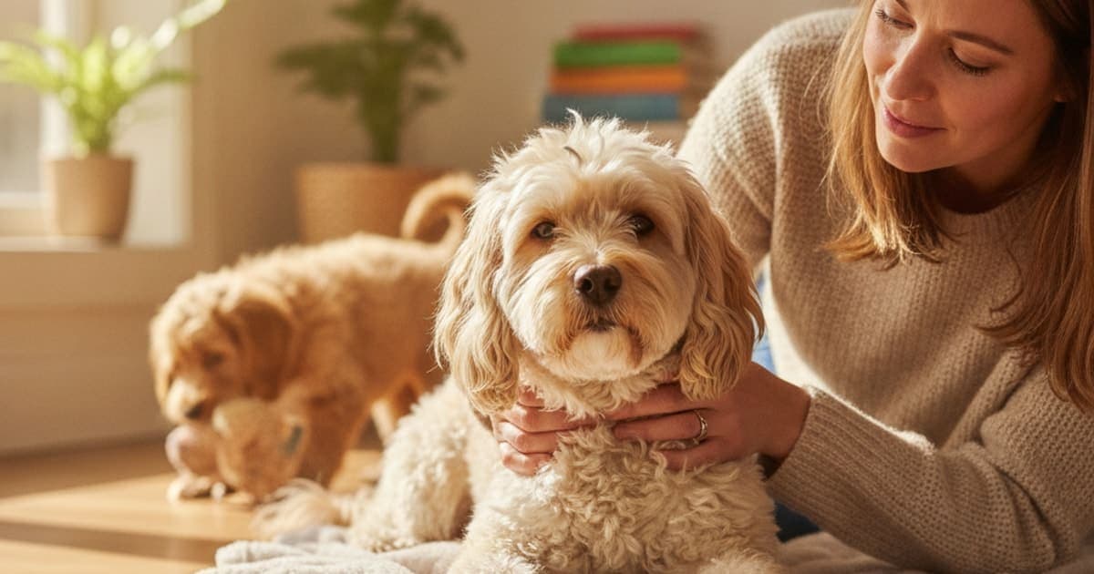 A dog being cared for at home, illustrating why cockapoos are prone to joint problems