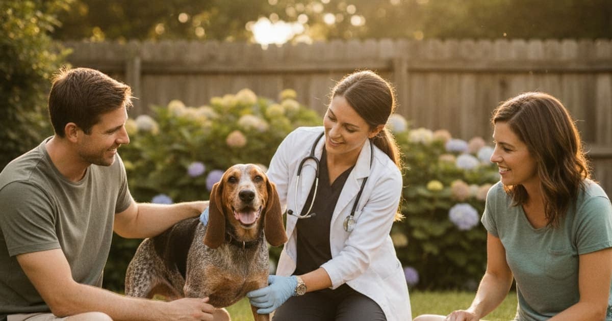 A dog being cared for at home, illustrating why coonhounds are prone to joint problems (breed risks)
