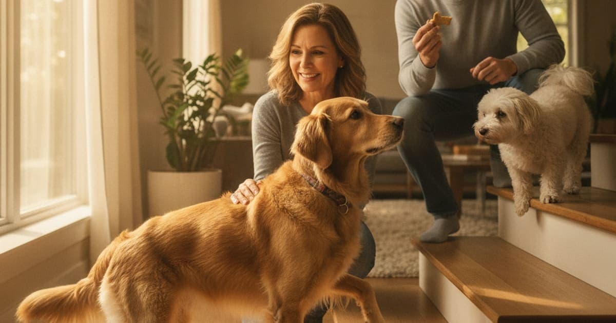 A dog being cared for at home, illustrating why is my dog reluctant to go up stairs? (common causes)