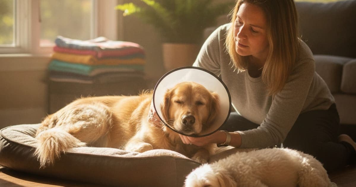 A dog being cared for at home, illustrating why is my dog's recovery after surgery so slow? (causes)