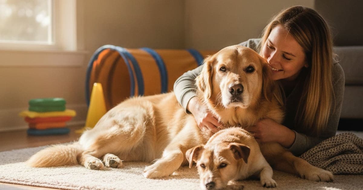 A dog being cared for at home, illustrating why is my dog sore after agility? (causes explained)