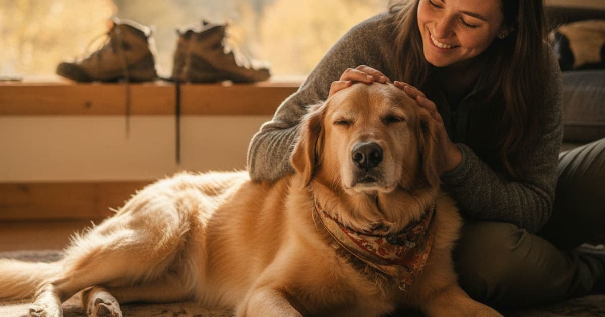 A dog being cared for at home, illustrating why is my dog sore after hiking? (causes and recovery)