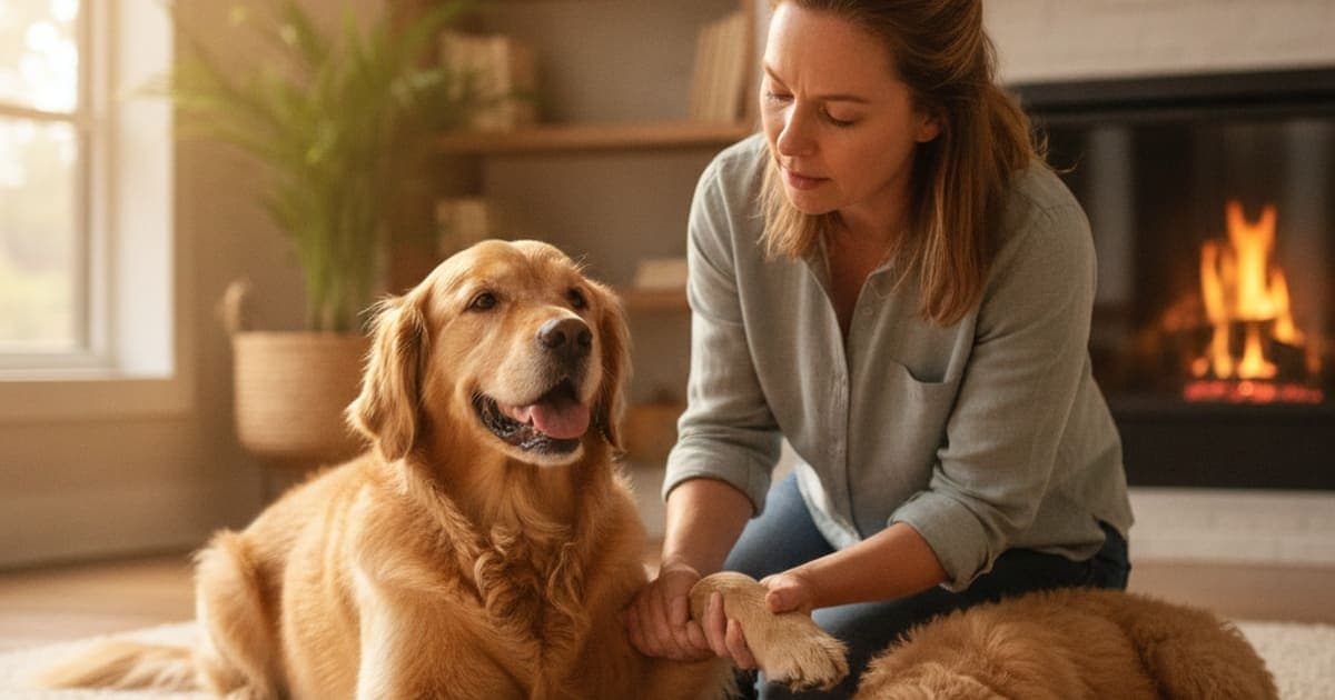 A dog being cared for at home, illustrating why is my dog's joint warm? (causes of joint heat)