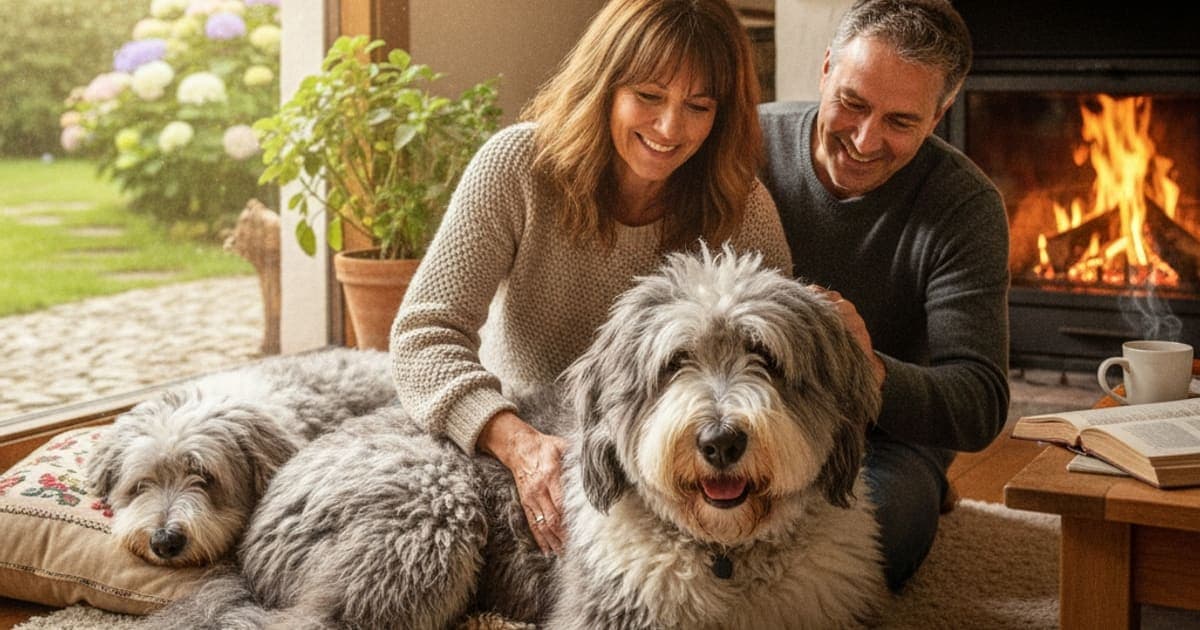 A dog being cared for at home, illustrating old english sheepdogs joint problems