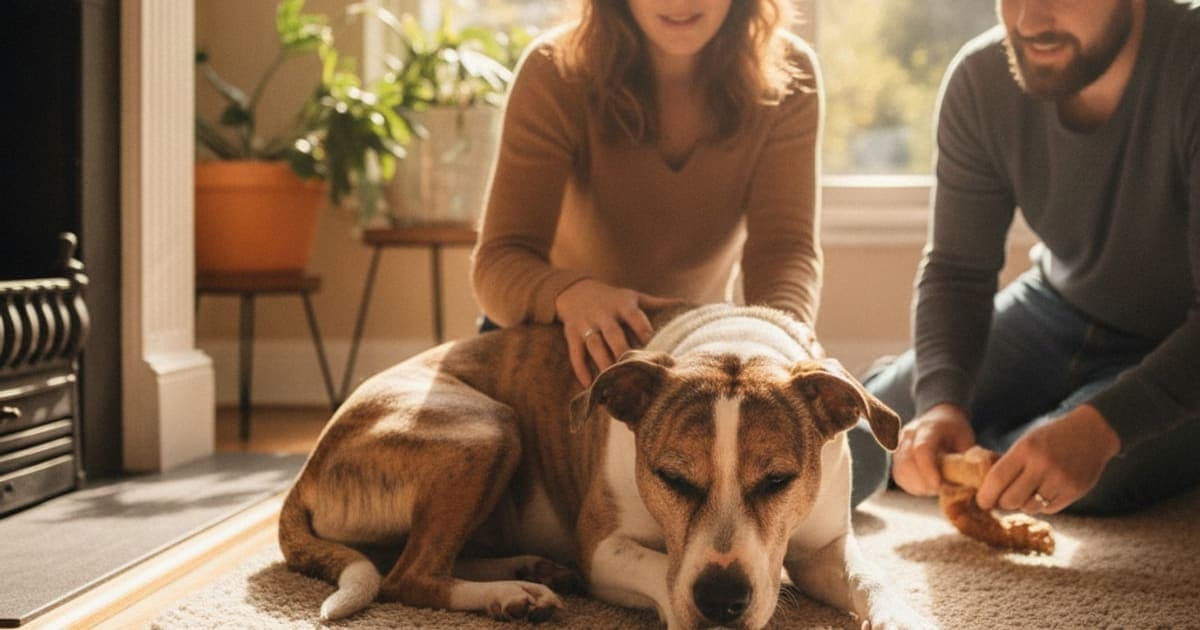 A dog being cared for at home, illustrating why pitsky are prone to joint problems: breed risks