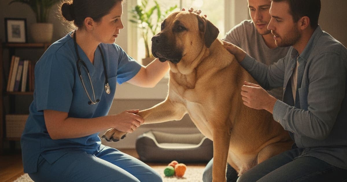 A dog being cared for at home, illustrating why presa canarios are prone to joint problems