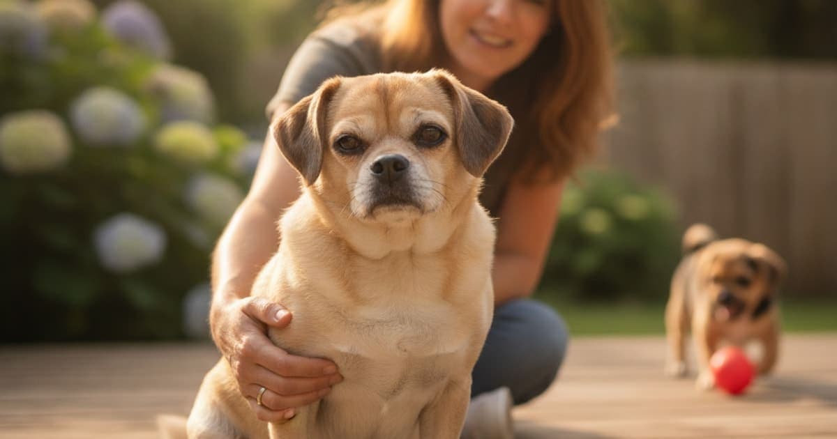 A dog being cared for at home, illustrating why puggles are prone to joint problems