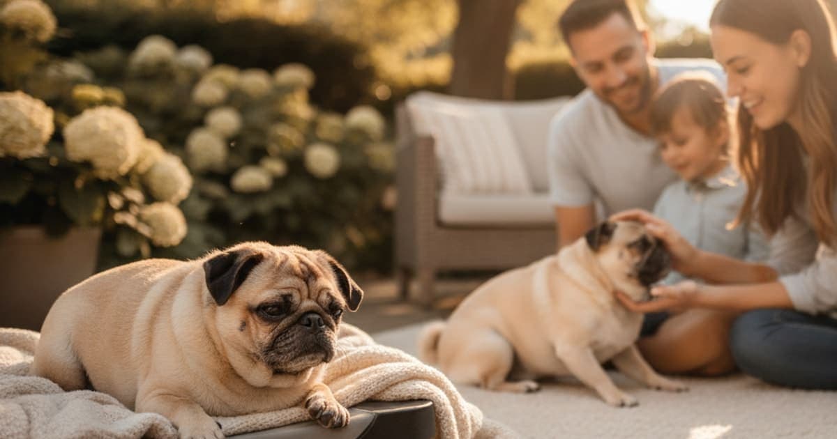 A dog being cared for at home, illustrating why are pugs prone to joint problems? (breed anatomy)