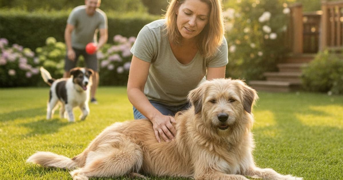 A dog being cared for at home, illustrating why pyrenean shepherds are prone to joint problems