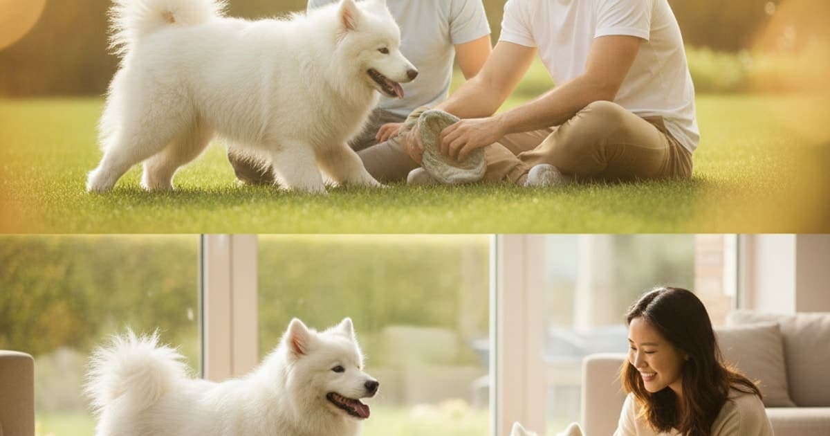 A dog being cared for at home, illustrating why samoyeds are prone to joint problems