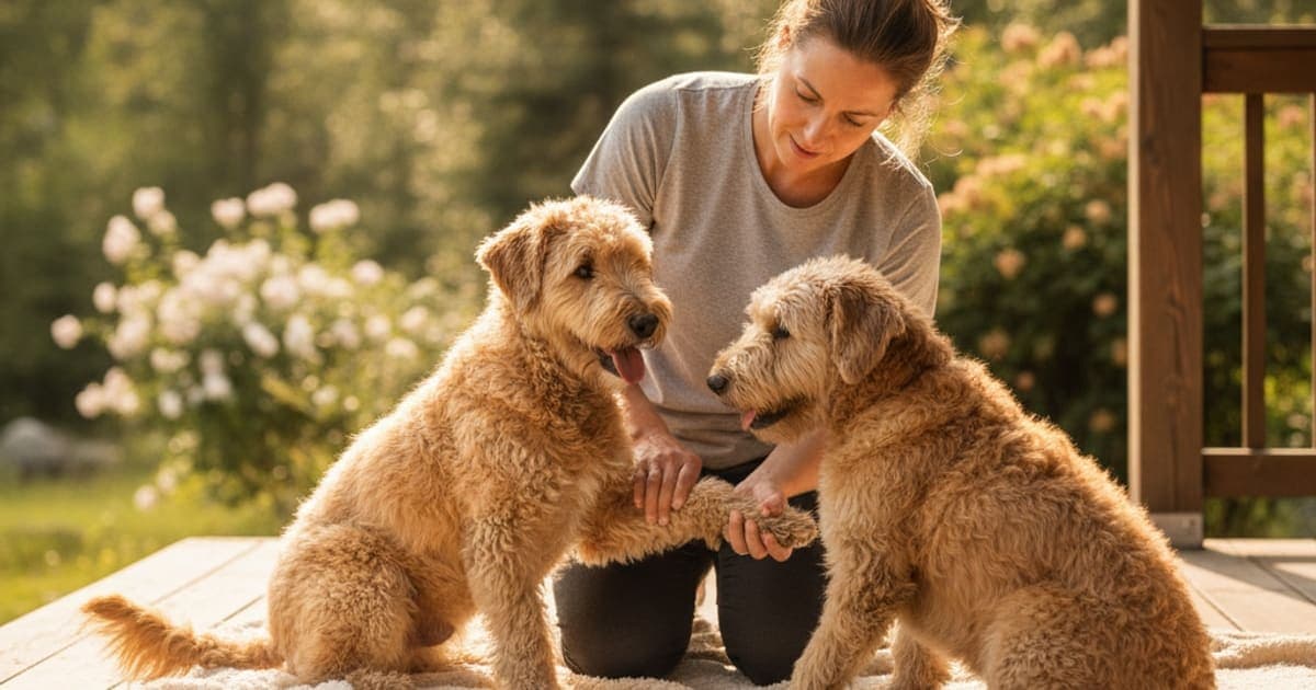 A dog being cared for at home, illustrating why soft coated wheaten terriers get joint problems
