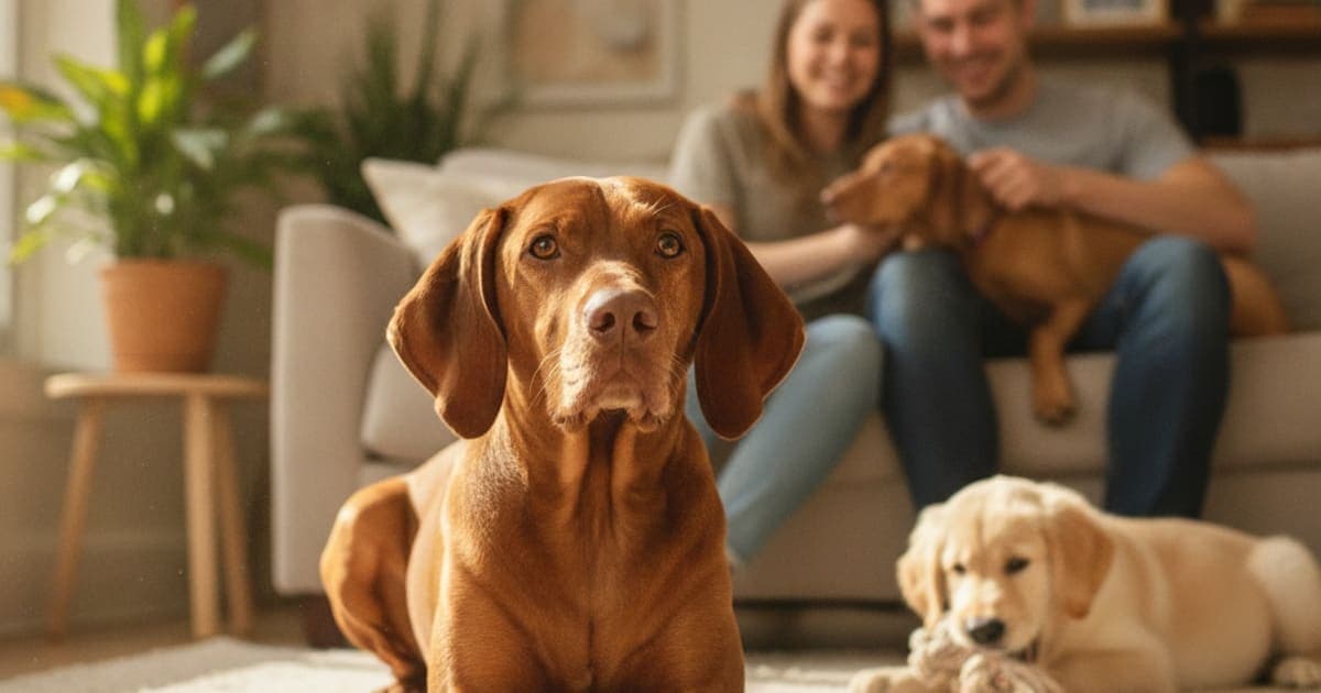 A dog being cared for at home, illustrating why vizslas are prone to joint problems (breed risks)