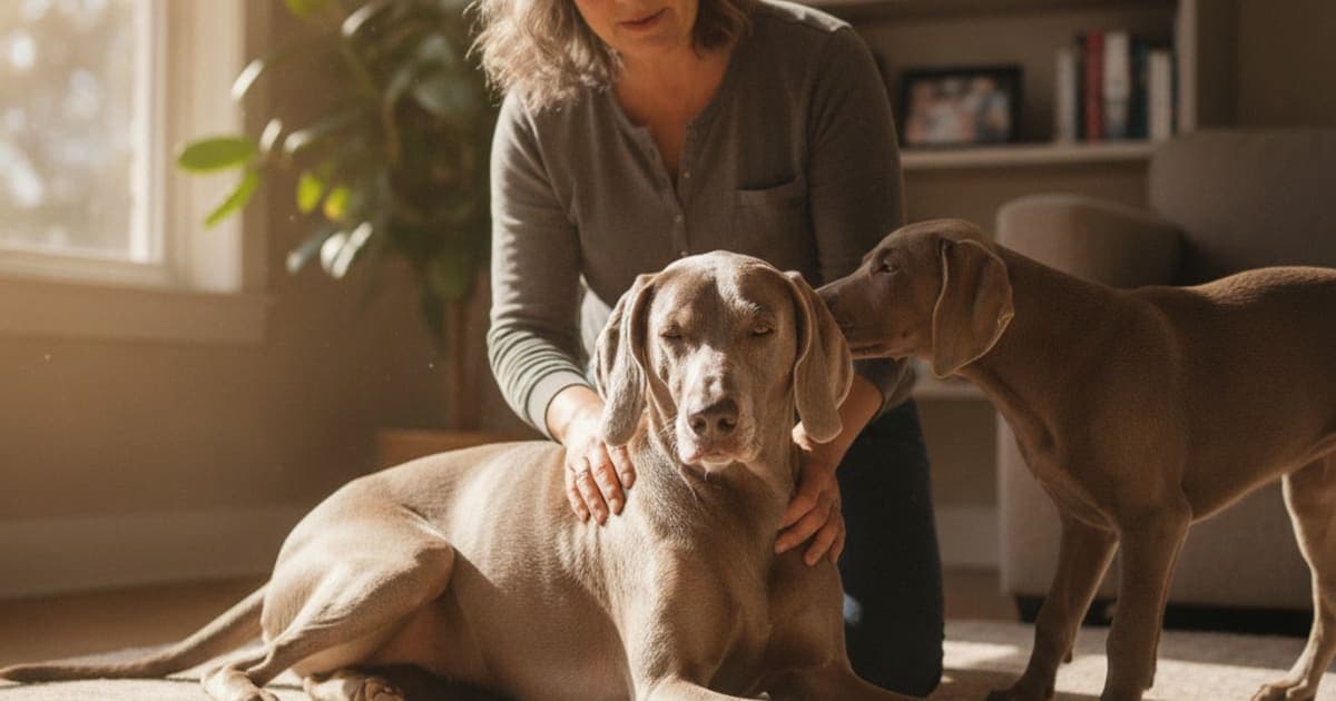 A dog being cared for at home, illustrating why weimaraners are prone to joint problems