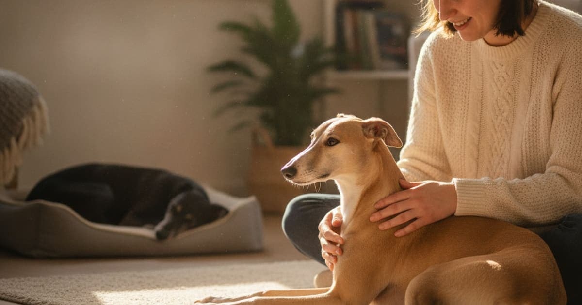 A dog being cared for at home, illustrating why whippets are prone to joint problems