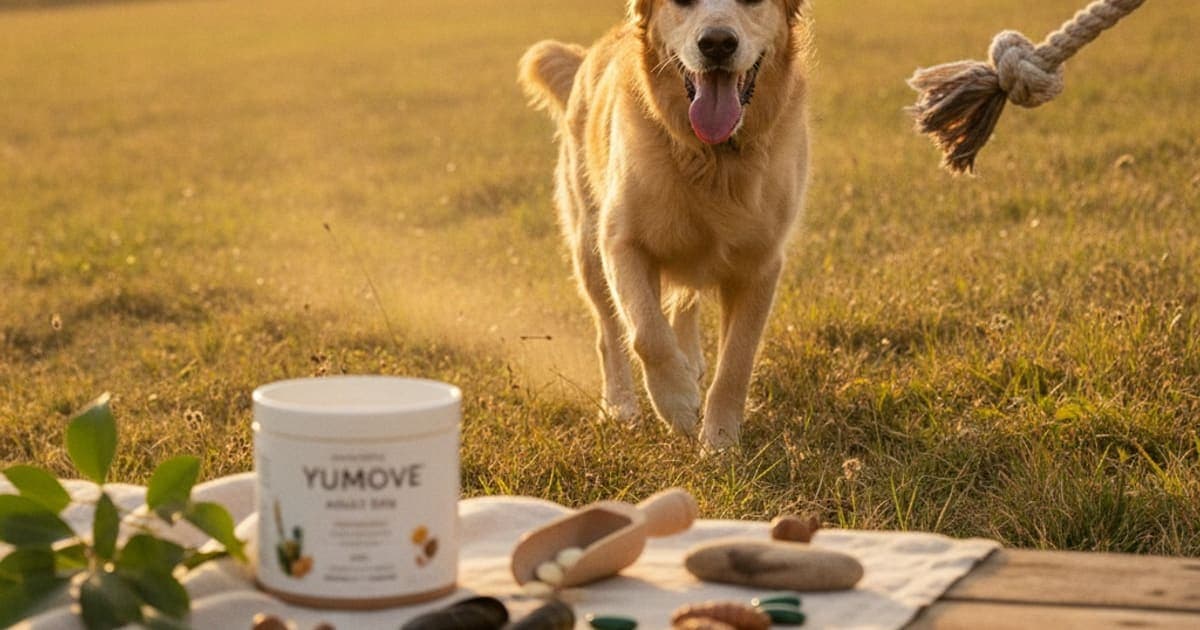 A dog being cared for at home, illustrating yumove adult dog joint supplement