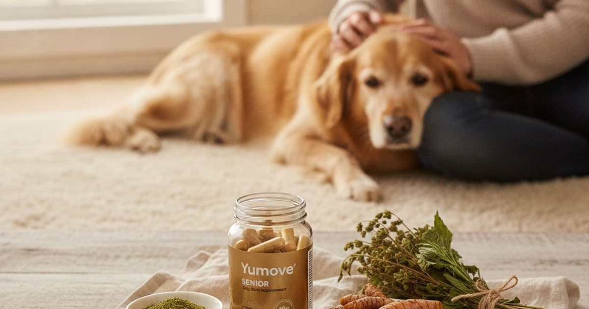 A dog being cared for at home, illustrating yumove senior dog joint supplement